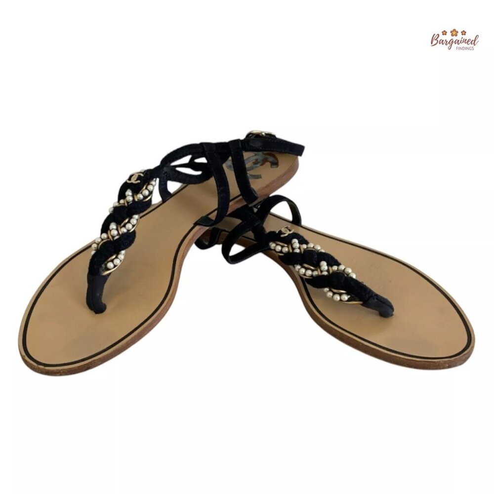 Authentic CHANEL Black Faux Pearl Rope Gold CC Logo Flat T-Strap Sandals 37 C/7